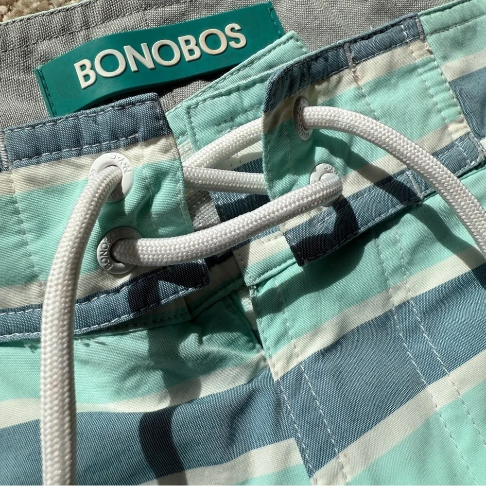Bonobos Men's 8” Striped Swim Trunks Blue Size 38 Mesh Lining Tie Front Summer